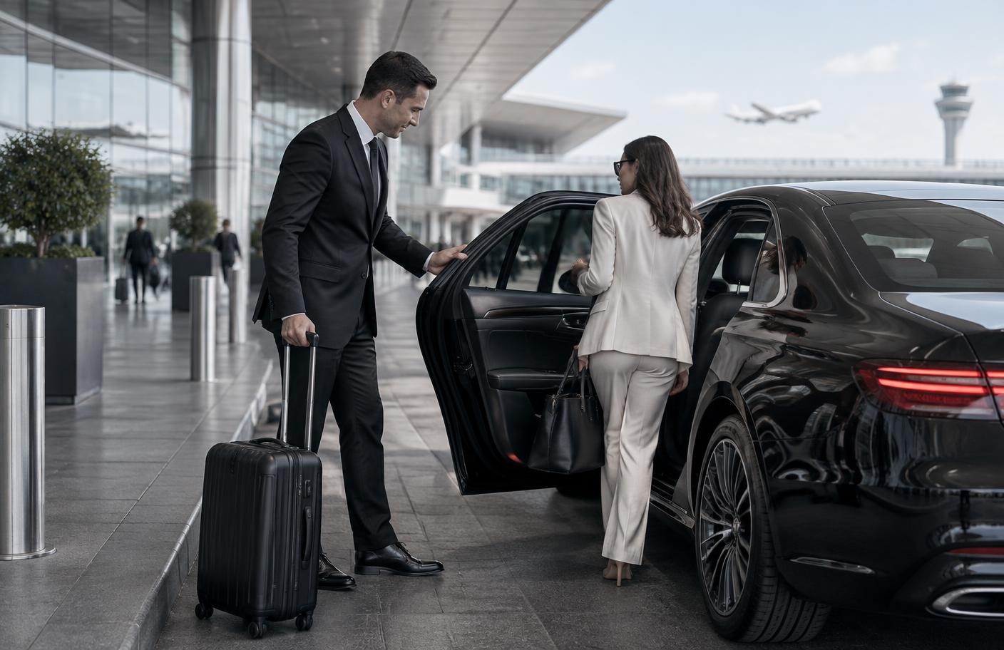 Chauffeur helping a traveler into a black executive sedan at an airport arrival curb
