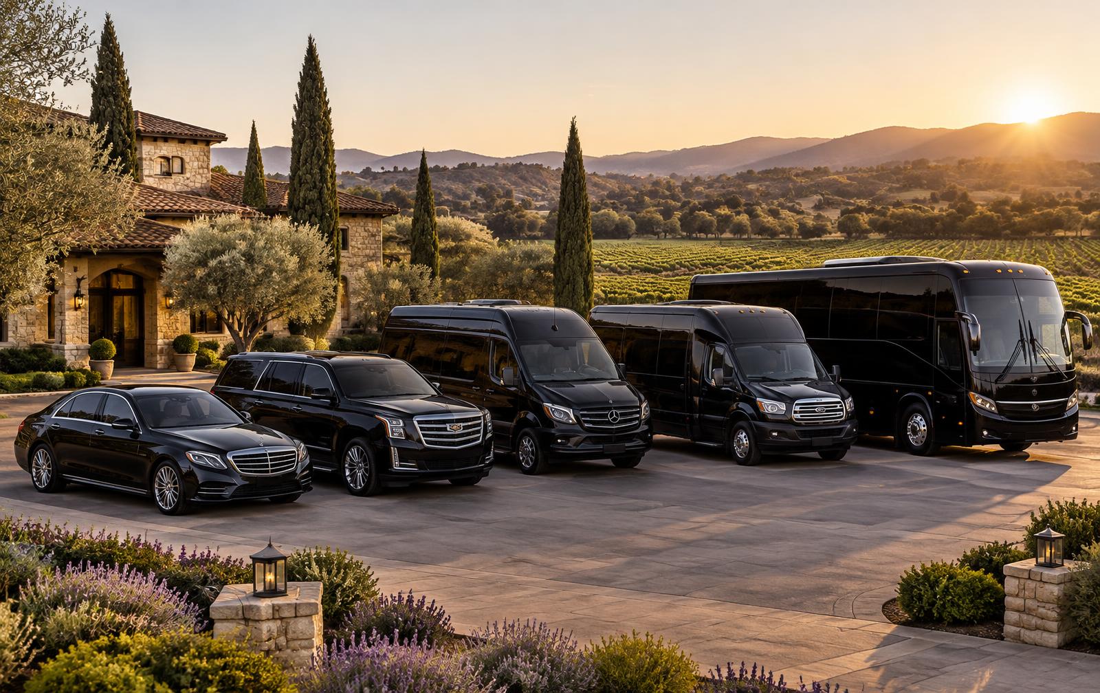 Black executive sedan, SUV, Sprinter, shuttle, and motorcoach fleet at a Wine Country resort